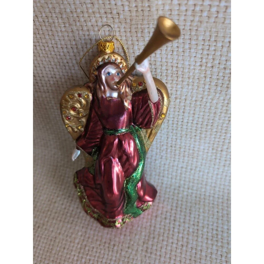 VTG Christmas Angel Ornament European Style Glass Hand Blown Horn Jeweled